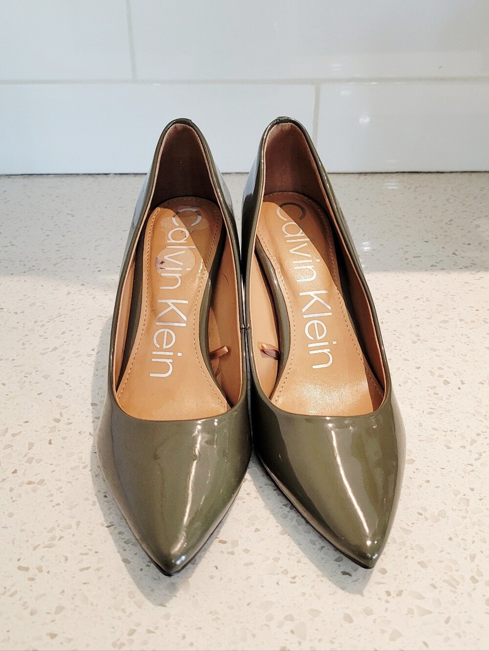 Calvin Klein Olive Green Patent Pumps | Size 8.5 | 3.5" Heel - Picture 2 of 8